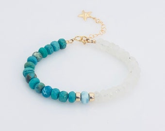 Pulsera de piedras preciosas múltiples, pulsera de encanto de estrella de mar turquesa y piedra lunar arcoíris, llena de oro de 14KT, joyería inspirada en la playa, pulsera del océano