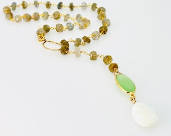 Labradorite Gemstone Necklace, White Opal With Green Chalcedony Drop Pendant Necklace, Multi Gemstone Lariat Gold Necklace, Gifts For Women