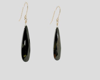 Pendientes CZ negros, pendientes rellenos de oro CZ Briolette 14KT, pendientes colgantes grandes, pendientes de oro negro, regalos de joyería, únicos en su tipo