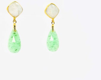 Faceted Chrysoprase Earrings, Chrysoprase And Moonstone Gold Dangle Drop Earrings, Statement Earrings, Gemstone Stud Earrings, Gift For Her