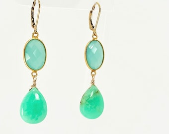 Boucles d'oreilles en chrysoprase verte, Boucles d'oreilles en chrysoprase et calcédoine, Pierre verte pomme, Boucles d'oreilles tendance, Bijoux avec pierre de naissance, Cadeaux spéciaux