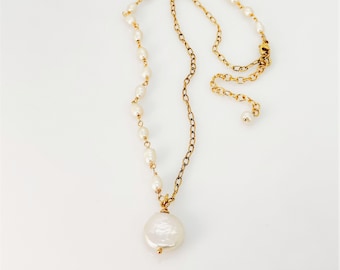 Pearl Chain Necklace, Half Pearl Half Chain Gold Vermeil Necklace, Coin Pearl Pendant, White Freshwater Pearl Necklace, One Of A Kind Gifts
