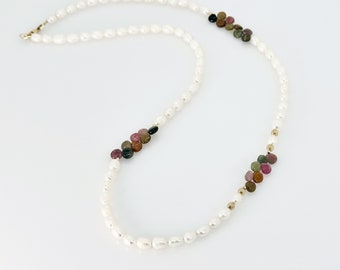 Pearl Gemstone Necklace, Pearl Multi Tourmaline Gemstone 14KT Gold Filled Long Necklace, White Freshwater Pearl Necklace, Elegant Jewelry