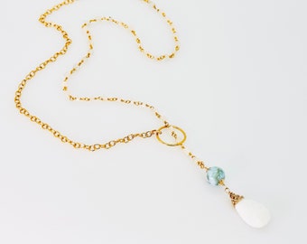 White Opal Lariat Necklace, White Opal And Larimar Lariat Gold Necklace, Multi Gemstone Necklace, Birthstone Jewelry, One Of A Kind Gift