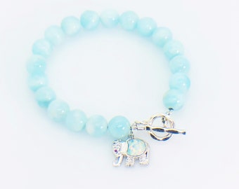 Hemimorphite Toggle Bracelet, Blue Hemimorphite Elephant Charm Silver Bracelet, Crystal Healing Bracelet, Meaningful Jewelry, Gift For Her