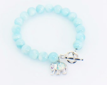 Pulsera de palanca de hemimorfita, pulsera de plata con encanto de elefante de hemimorfita azul, pulsera de curación de cristal, joyería significativa, regalo para ella