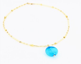 Murano Glass Necklace, Aqua Penny Murano Pendant, Murano And Czech Glass Gold Necklace, Summer Jewelry, Colorful Glass Beaded Necklace, Gift