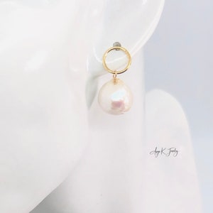 White Pearl Earrings, White Baroque Pearls 14KT Gold Filled Circle Post Earrings, Bridal Jewelry, June Birthstone Jewelry, Everyday Earrings image 3