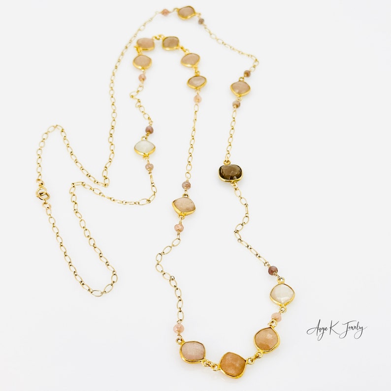 Moonstone Necklace, Peach Moonstone Long Layering 14KT Gold Filled Necklace, Gemstone Jewelry, June Birthstone Gift, Special Gift For Her immagine 2