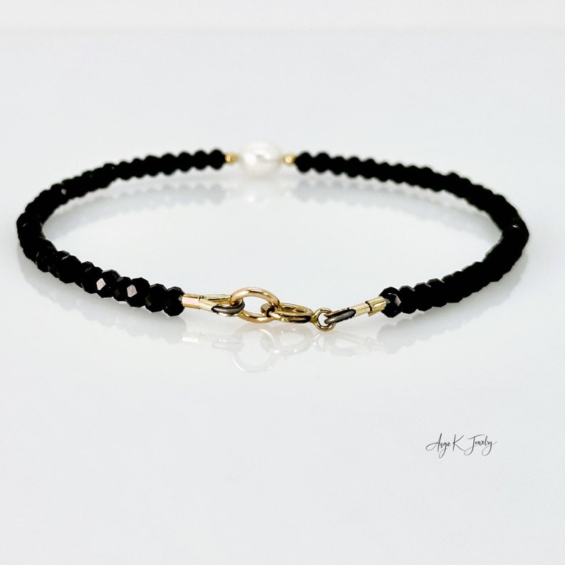 Black Spinel Bracelet, Faceted Black Spinel White Freshwater Pearl 14KT Gold Filled Bracelet, One Of A Kind Jewelry, Unique Gifts For Her image 8