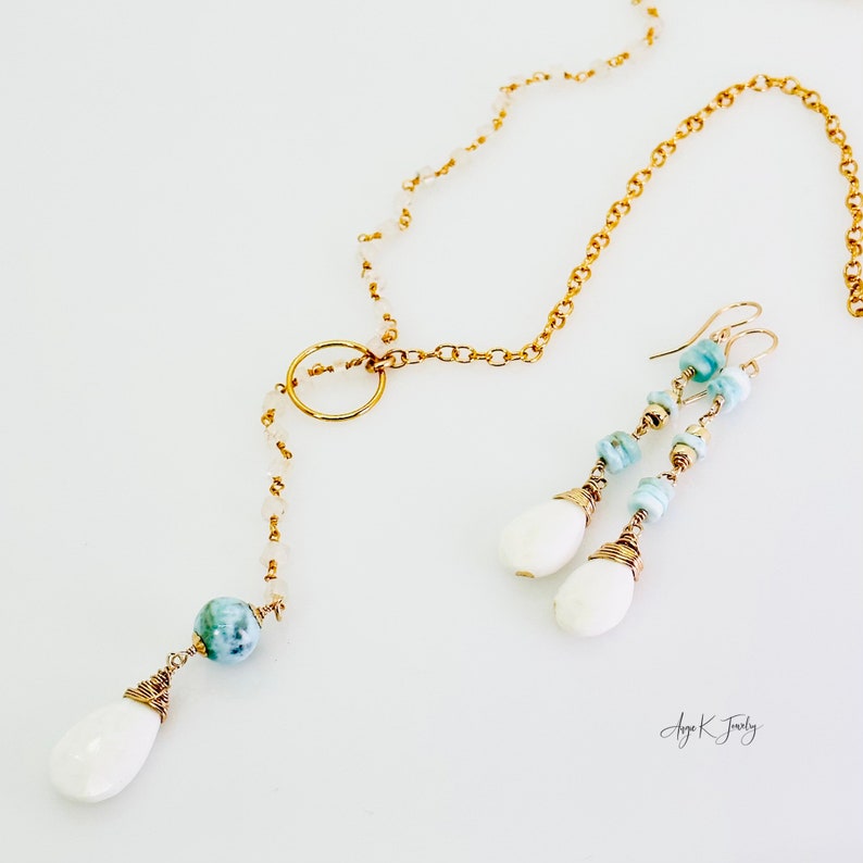 Weißer Opal Ohrringe, weißer Opal und Larimar 14KT Gold gefüllte Ohrringe, lange baumeln Tropfen Ohrringe, Edelstein Schmuck, bedeutungsvolles Geschenk für sie Bild 2