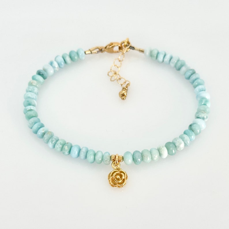 Bracelet en larimar bleu, bracelet à breloques larimar naturel dominicain en or vermeil, bracelet en perles de larimar AAA , bijoux de mariée, bijoux de plage image 8