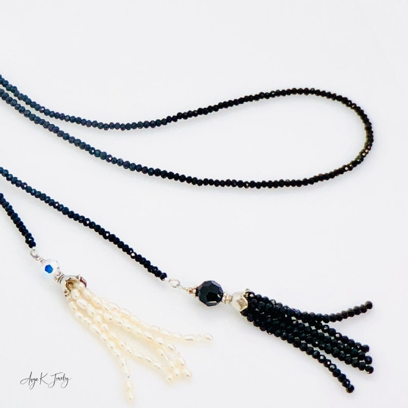 Gemstone Lariat Necklace, Black Spinel And Pearl Long Lariat Necklace, Long Gemstone Lariat With Tassels Necklace, Jewelry Gift For Her 画像 6