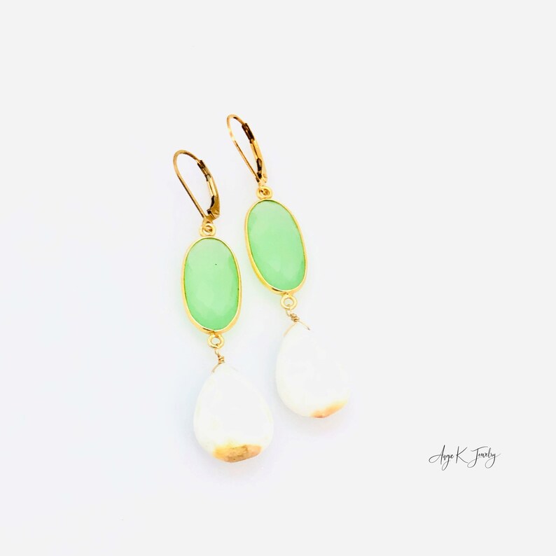 White Opal Earrings, White Opal And Green Chalcedony 14KT Gold Filled Earrings, Large Dangle Drop Earrings, Gemstone Jewelry, Gift For Her zdjęcie 5