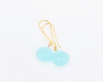 Boucles d’oreilles Aqua Chalcédoine, Boucles d’oreilles Aqua Chalcédony Facetté Heart Briolette Vermeil, Boucles d’oreilles Long Dangle Gemstone, Boucles d’oreilles d’été