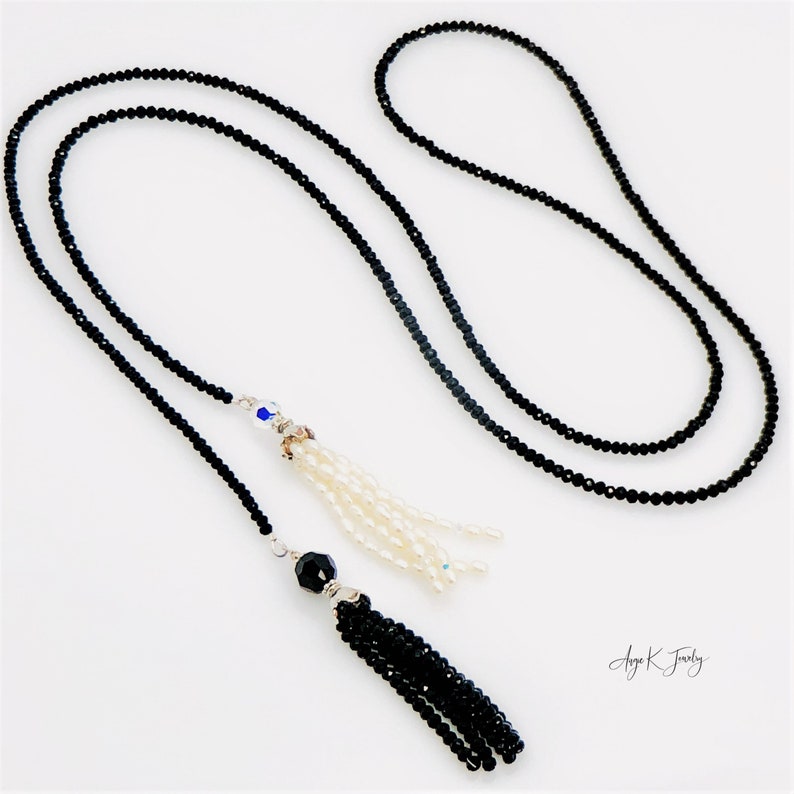 Gemstone Lariat Necklace, Black Spinel And Pearl Long Lariat Necklace, Long Gemstone Lariat With Tassels Necklace, Jewelry Gift For Her image 8