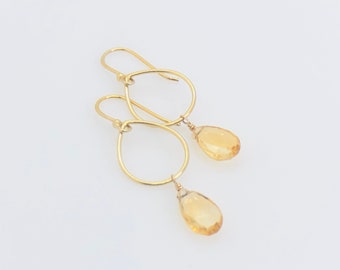 Citrine Gold Earrings, Warm Honey Citrine Faceted Pear 14KT Gold Filled Earrings, Large Drop Earrings, Birthstone Jewelry, Gift For Wife