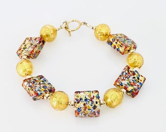 Bracelet Klimt en verre de Murano, Bijoux vénitiens en verre de Murano, Bracelet à bascule coloré rempli d'or de Murano 14 carats, Cadeaux bijoux uniques