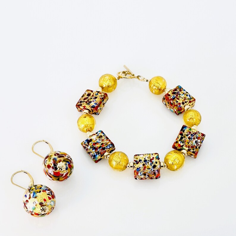 Klimt Murano glas armband, Venetiaanse Murano glas sieraden, kleurrijke Murano 14KT goud gevulde schakelarmband, een van een soort sieraden geschenken afbeelding 2