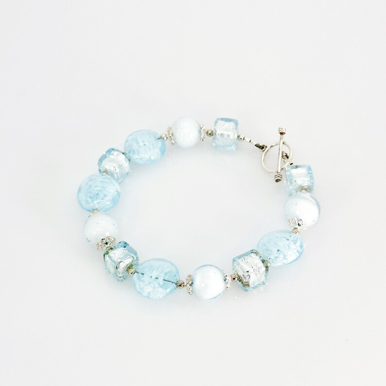 Murano Glass Toggle Bracelet, Aquamarine Blue Murano Beaded Bracelet, Statement Jewelry, Venetian Murano Glass Silver Bracelet, Special Gift image 8