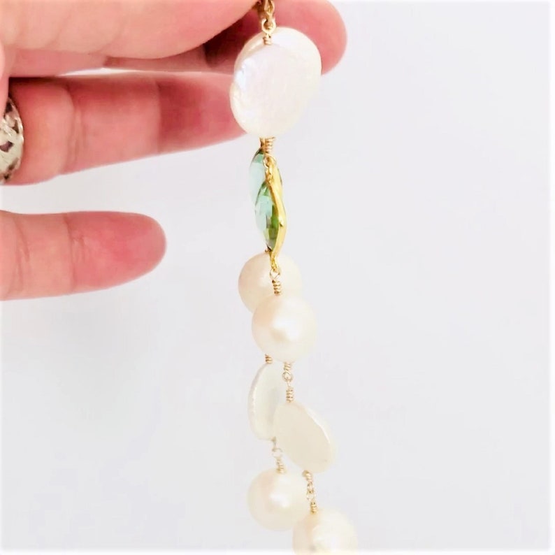 Long Pearl Earrings, Cascade Gemstone Earrings, White Pearl And Aquamarine 14KT Gold Filled Earrings, Bridal Earrings, One Of A Kind Jewelry zdjęcie 7