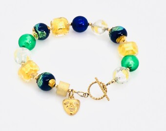 Murano Glass Bracelet, Murano Glass Beaded Bracelet "Commedia" Charm, 14KT Gold Filled Toggle Bracelet, Green Blue & Beaded Bracelet