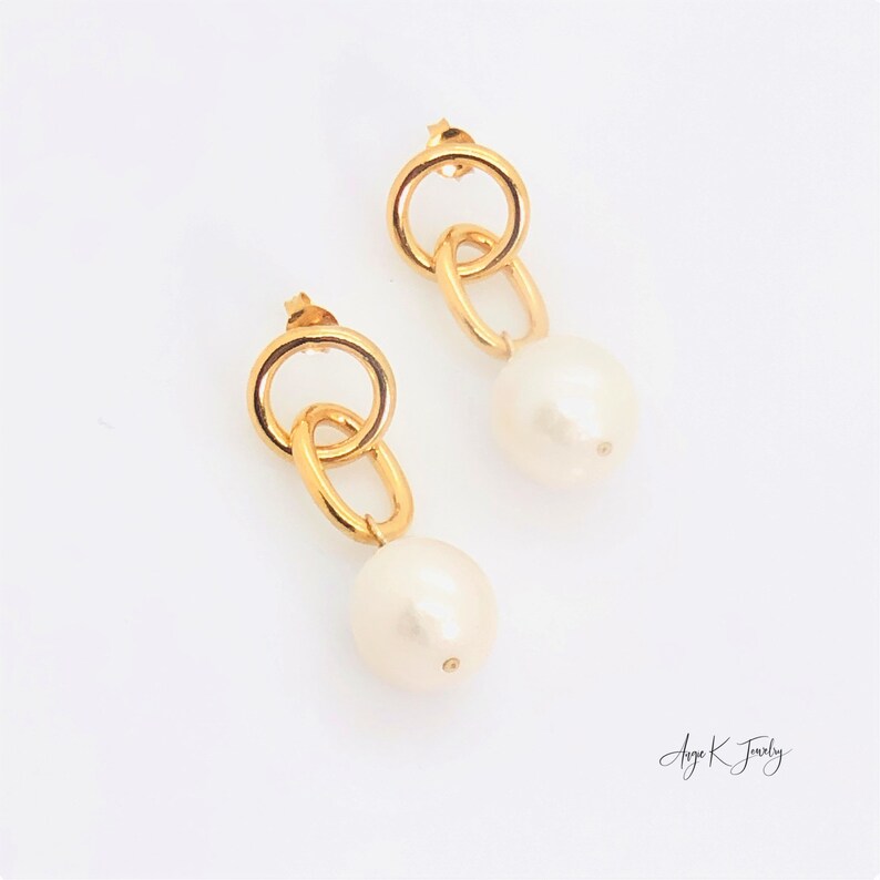 Pearl Earrings, White Baroque Pearl Earrings, Pearl Dangle Earrings, Bridal Earrings, Pearl Gold Vermeil Stud Earrings, One Of A Kind Gift image 2