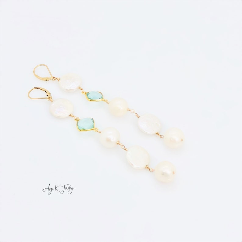 Long Pearl Earrings, Cascade Gemstone Earrings, White Pearl And Aquamarine 14KT Gold Filled Earrings, Bridal Earrings, One Of A Kind Jewelry zdjęcie 5