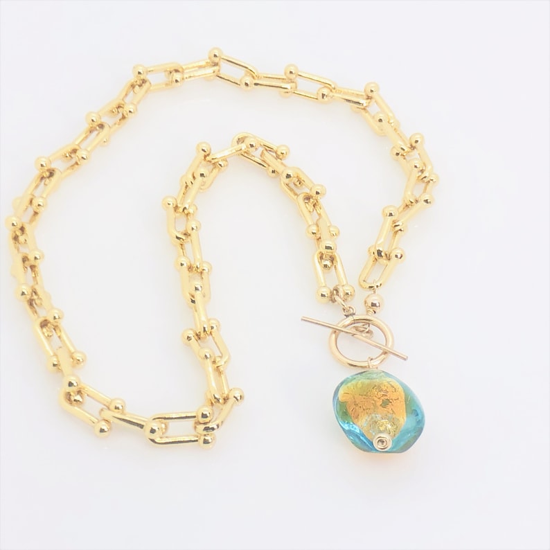 Murano Glas Halskette, Murano Glas Topas und Aqua Front Toggle Gold Halskette, Anhänger Halskette, Statement Schmuck, Mutter der Braut Bild 1