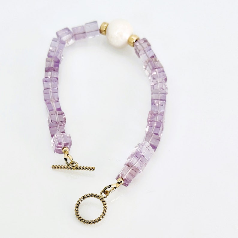 Pulsera de amatista rosa, pulsera de palanca llena de oro de 14KT con perla de amatista, pulsera de amatista, joyería de piedra de nacimiento de febrero, regalo único para ella imagen 8