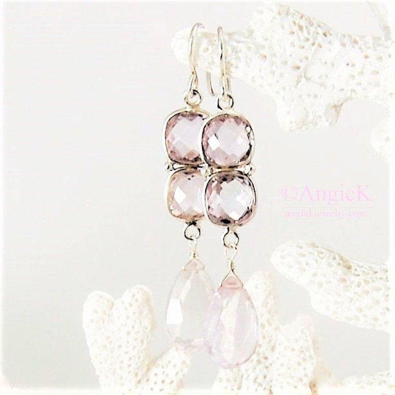 Handmade Rose Liliac Brazilian Pink Amethyst Faceted Pear Briolette Gemstone Sterling Silver Earrings