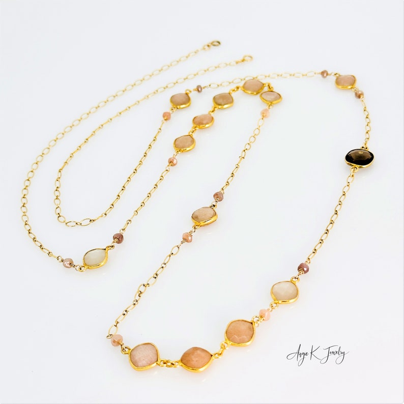 Moonstone Necklace, Peach Moonstone Long Layering 14KT Gold Filled Necklace, Gemstone Jewelry, June Birthstone Gift, Special Gift For Her 画像 6