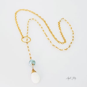 Weißer Opal Lariat Halskette, Weißer Opal und Larimar Lariat Gold Halskette, Multi Edelstein Halskette, Schmuck, Unikat Bild 6
