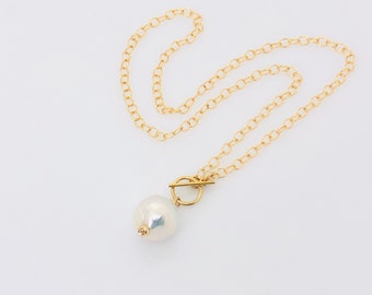 Baroque Pearl Necklace, White Baroque Pearl Front Toggle 14KT Gold Filled Necklace, June Birthstone Jewelry, Bridal Jewelry, Gifts For Women