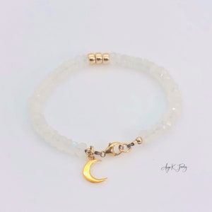 Pulsera de piedra lunar, pulsera de encanto de luna llena de oro de 14KT de piedra lunar arco iris facetada, alivio del estrés, pulsera de apilamiento, regalos significativos imagen 9