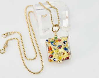 Pendentif Klimt en verre de Murano, collier carré en verre vénitien multicolore rempli d'or 14 carats, bijoux tendance, bijoux d'été, cadeau pour maman