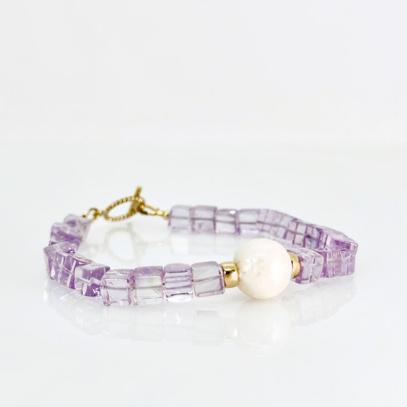 Pink Amethyst Bracelet, Amethyst Pearl 14KT Gold Filled Toggle Bracelet, Amethyst Bracelet, February Birthstone Jewelry, Unique Gift For Her image 7