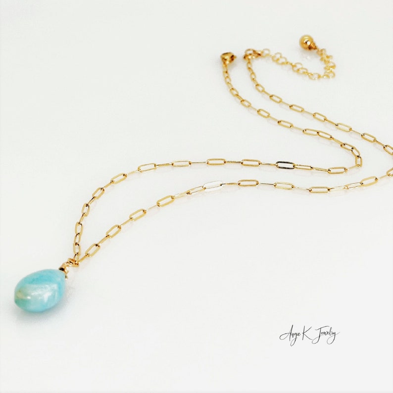 Blue Larimar Necklace, Natural Dominican Larimar 14KT Gold Filled Pendant Necklace, Bridal Necklace, Unique Larimar Necklace, Summer Jewelry image 9