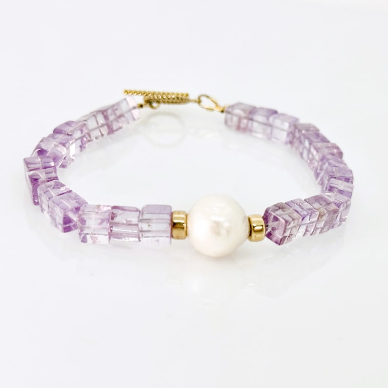 Bracelet améthyste rose, bracelet à bascule rempli dor Amethyst Pearl 14KT, bracelet améthyste, bijoux en pierre de naissance de février, cadeau unique pour elle image 3