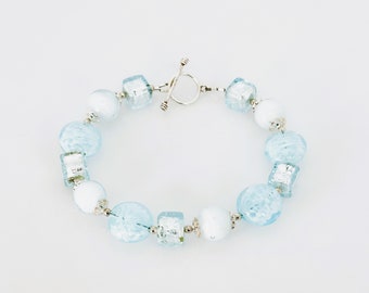 Murano Glass Toggle Bracelet, Aquamarine Blue Murano Beaded Bracelet, Statement Jewelry, Venetian Murano Glass Silver Bracelet, Special Gift