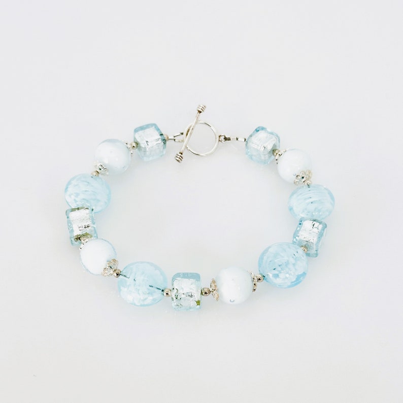 Murano Glass Toggle Bracelet, Aquamarine Blue Murano Beaded Bracelet, Statement Jewelry, Venetian Murano Glass Silver Bracelet, Special Gift image 1