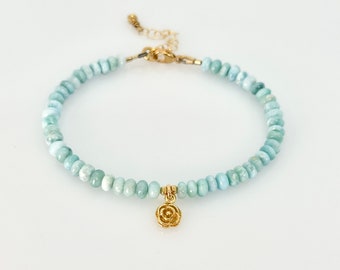 Blaues Larimar Armband, Natürliches Dominikanisches Larimar Gold Vermeil Bettelarmband, AAA + Larimar Perlenarmband, Brautschmuck, Strand Schmuck