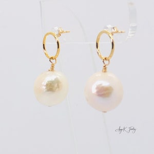 White Pearl Earrings, White Baroque Pearls 14KT Gold Filled Circle Post Earrings, Bridal Jewelry, June Birthstone Jewelry, Everyday Earrings image 4