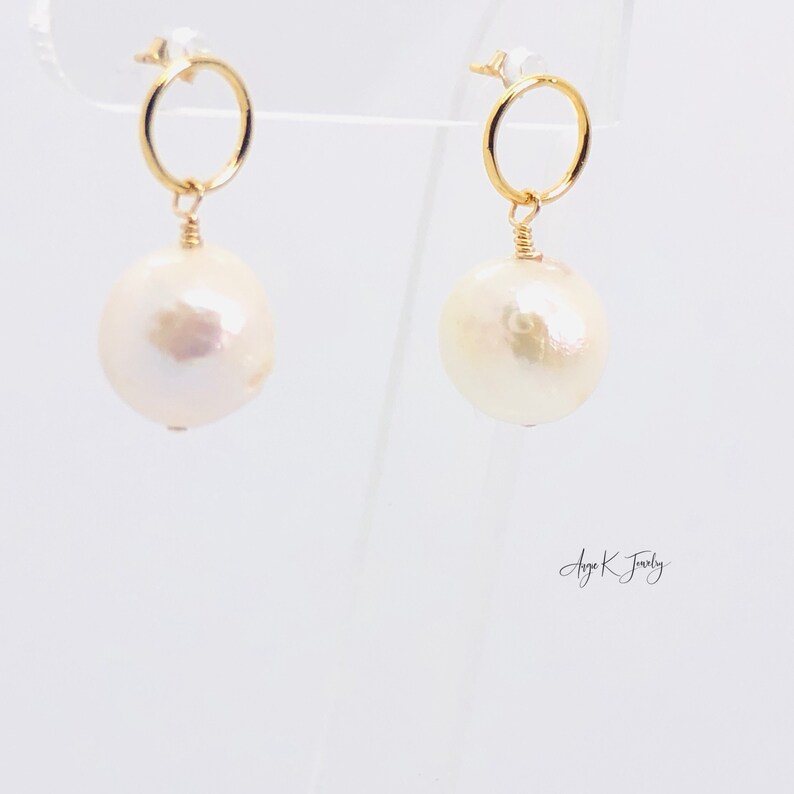 White Pearl Earrings, White Baroque Pearls 14KT Gold Filled Circle Post Earrings, Bridal Jewelry, June Birthstone Jewelry, Everyday Earrings image 8