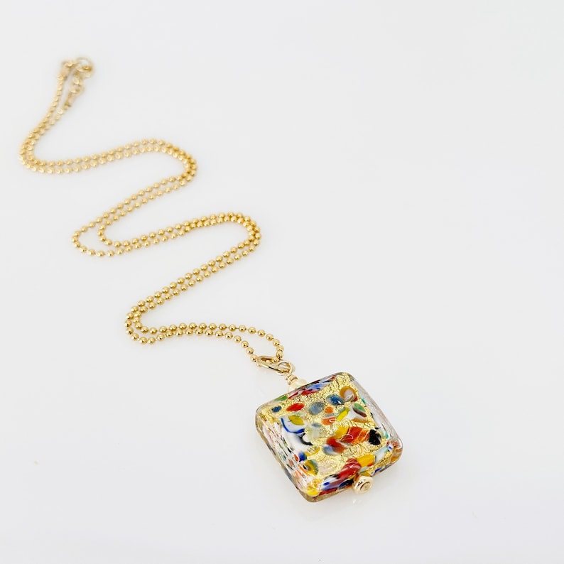Klimt Murano Glass Pendant, Multi Colors Square Venetian Glass 14KT Gold Filled Necklace, Statement Jewelry, Summer Jewelry, Gift For Mom image 6