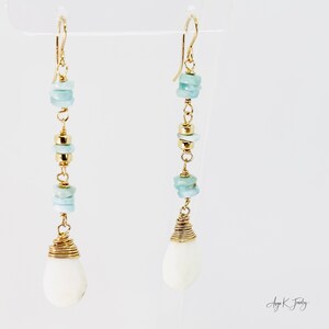 White Opal Earrings, White Opal And Larimar 14KT Gold Filled Earrings, Long Dangle Drop Earrings, Gemstone Jewelry, Meaningful Gift For Her image 5
