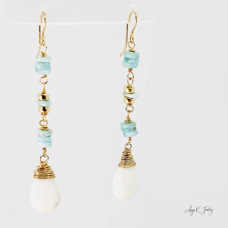 White Opal Earrings, White Opal And Larimar 14KT Gold Filled Earrings, Long Dangle Drop Earrings, Gemstone Jewelry, Meaningful Gift For Her image 5