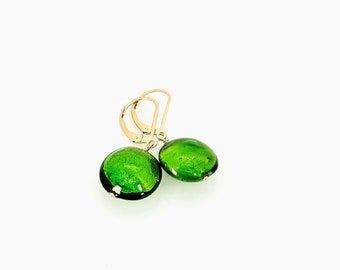 Murano Earrings, Green Murano Glass Earrings, Emerald Green Murano Glass 14KT Gold Filled Earrings, Gold Drop Earrings, Jewelry Gifts