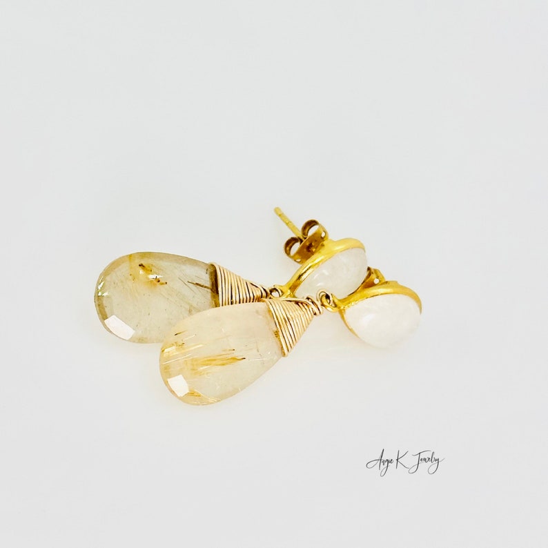 Golden Rutile Quartz Earrings, Golden Rutilated Quartz And Moonstone Gold Stud Earrings, Gold Gemstone Earrings, One Of A Kind Jewelry Gifts image 4