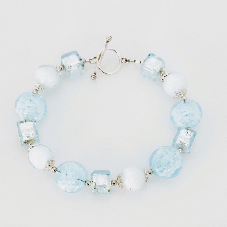 Murano Glass Toggle Bracelet, Aquamarine Blue Murano Beaded Bracelet, Statement Jewelry, Venetian Murano Glass Silver Bracelet, Special Gift image 4